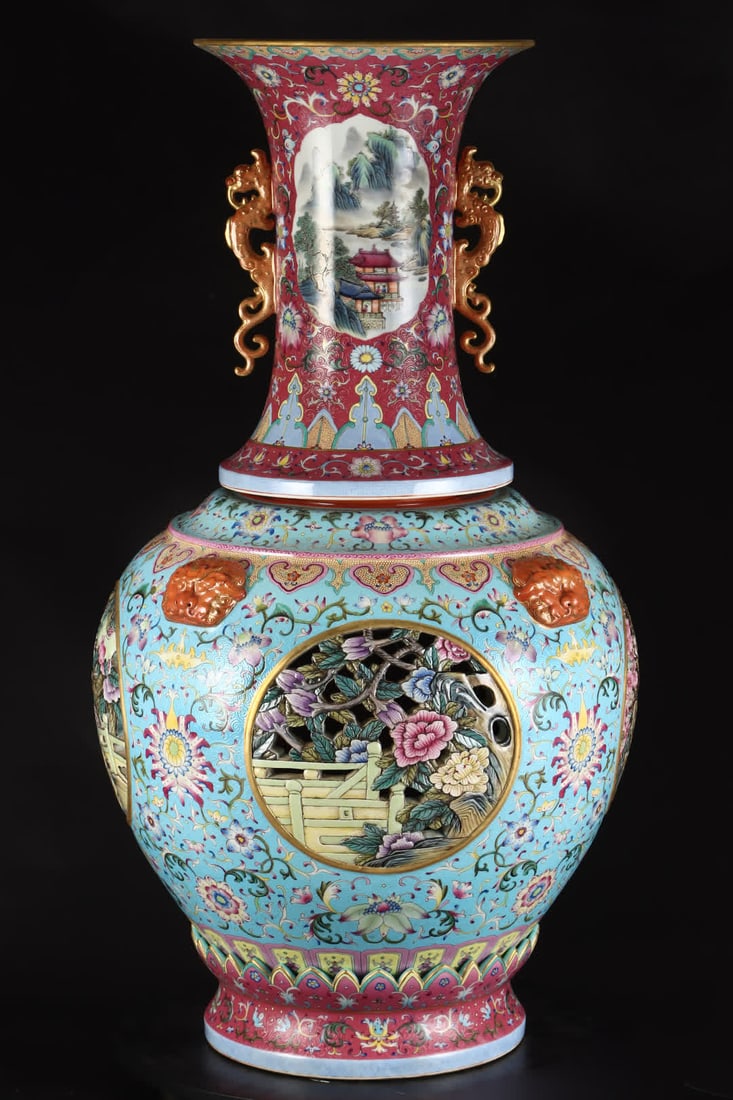 A carmine ramp picking flower anchovy carved hollow enamel colorful window integrated turning bottle: Carmine ramp, carved anchovies, hollow enamel, colorful windows, and a heart-turning vase SIZE: H: 91cm Belly diameter 49cm (The Dimensions Of All Batches Are Manually Measured.If You Need More Detail