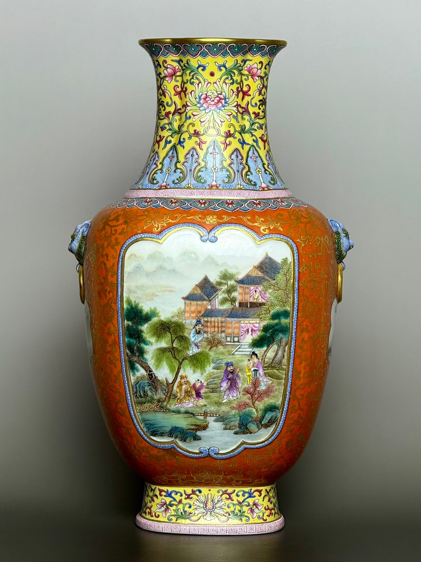 An Exquisite Iron-Red Painted Gold Lotus Pattern Landscape and Figure Pattern Double-Ears Vase: An Exquisite Iron-Red Painted Gold Lotus Pattern Landscape and Figure Pattern Double-Ears Vase Qing Dynasty, China Qianlong Four-character Mark Size:40.3cmx23cm (The Dimensions Of All Batches Are Manu