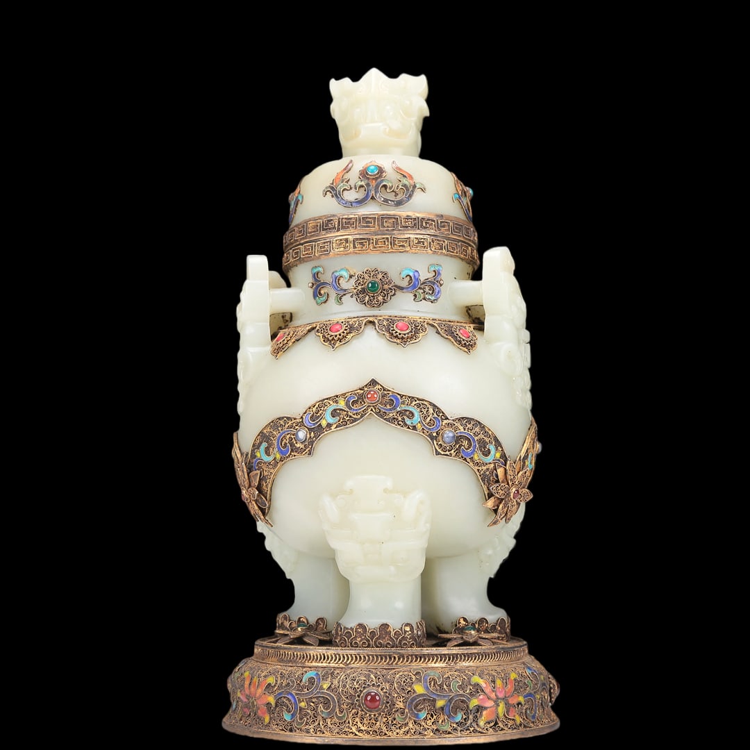 A Superb White Jade Gilt-Silver-Mounted Blueing 'Animal Mask' Tripod Censer And Cover: A Superb White Jade Gilt-Silver-Mounted Blueing 'Animal Mask' Tripod Censer And Cover. Raised on three short, stout cabriole legs issuing from animal masks, body gilt with key-fret borders. Chinese Qi
