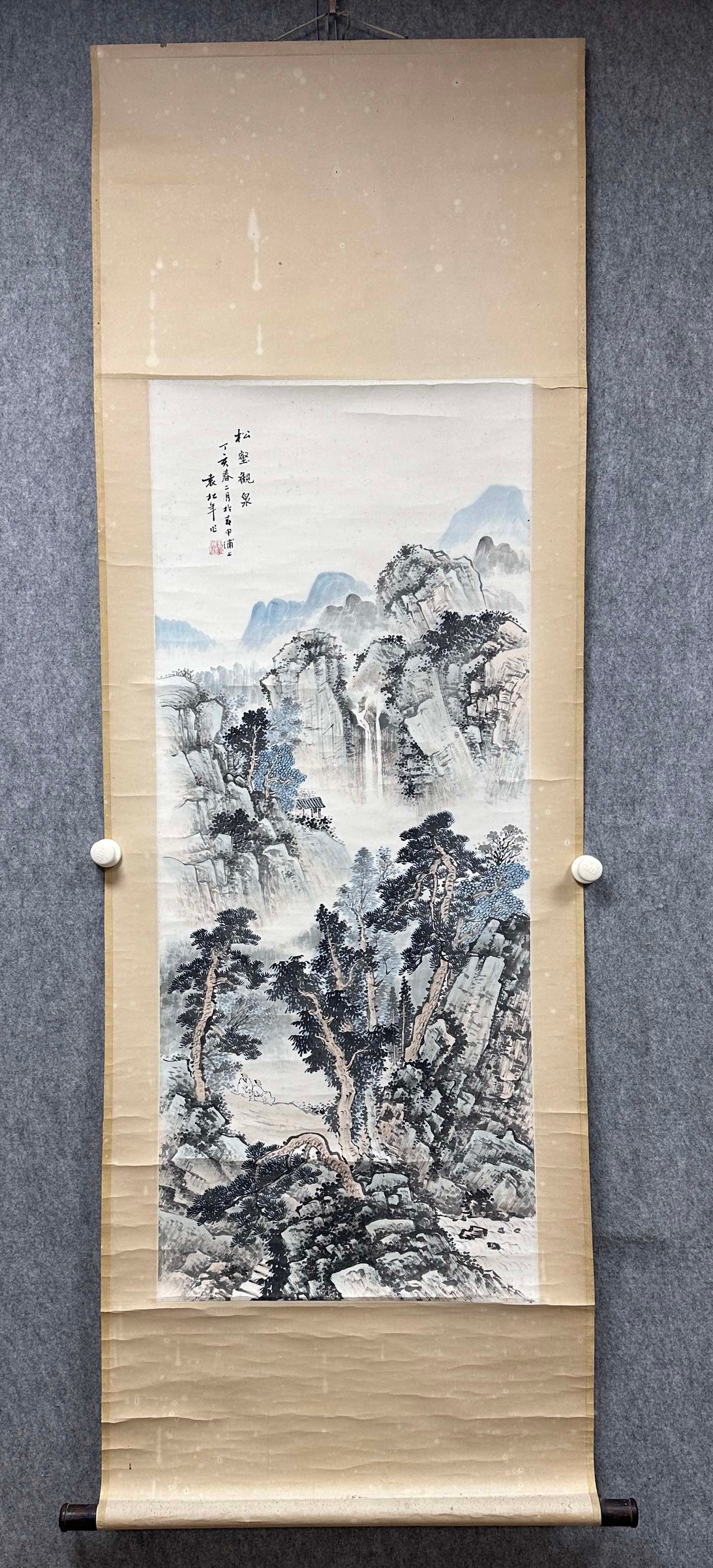 A Chinese Vertical Scroll Ink Painting of Landscape on Paper: A Chinese Vertical Scroll Ink Painting of Landscape on PaperYuan songnian Without frame Size:46cmx110cm (The Dimensions Of All Batches Are Manually Measured.If You Need More Detailed Information, Plea