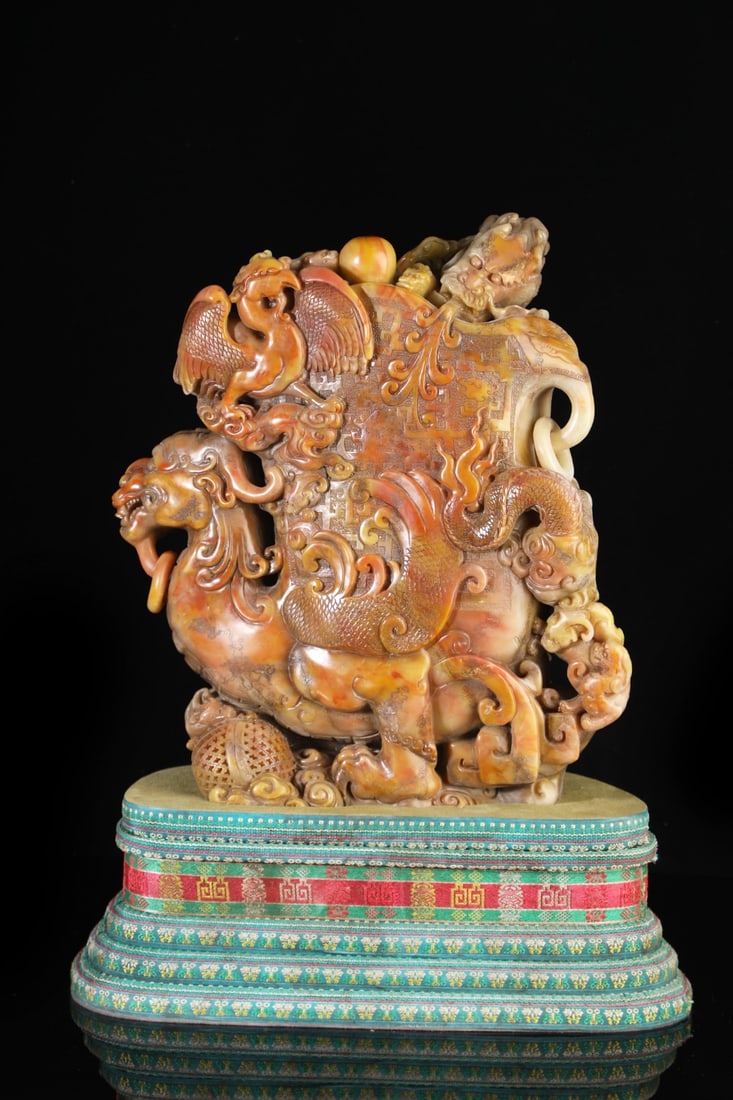 An Exquisite Shoushan Stone Dragon and Phoenix Pattern Auspicious Beast-Shaped Goblet Ornament (1 of 15)