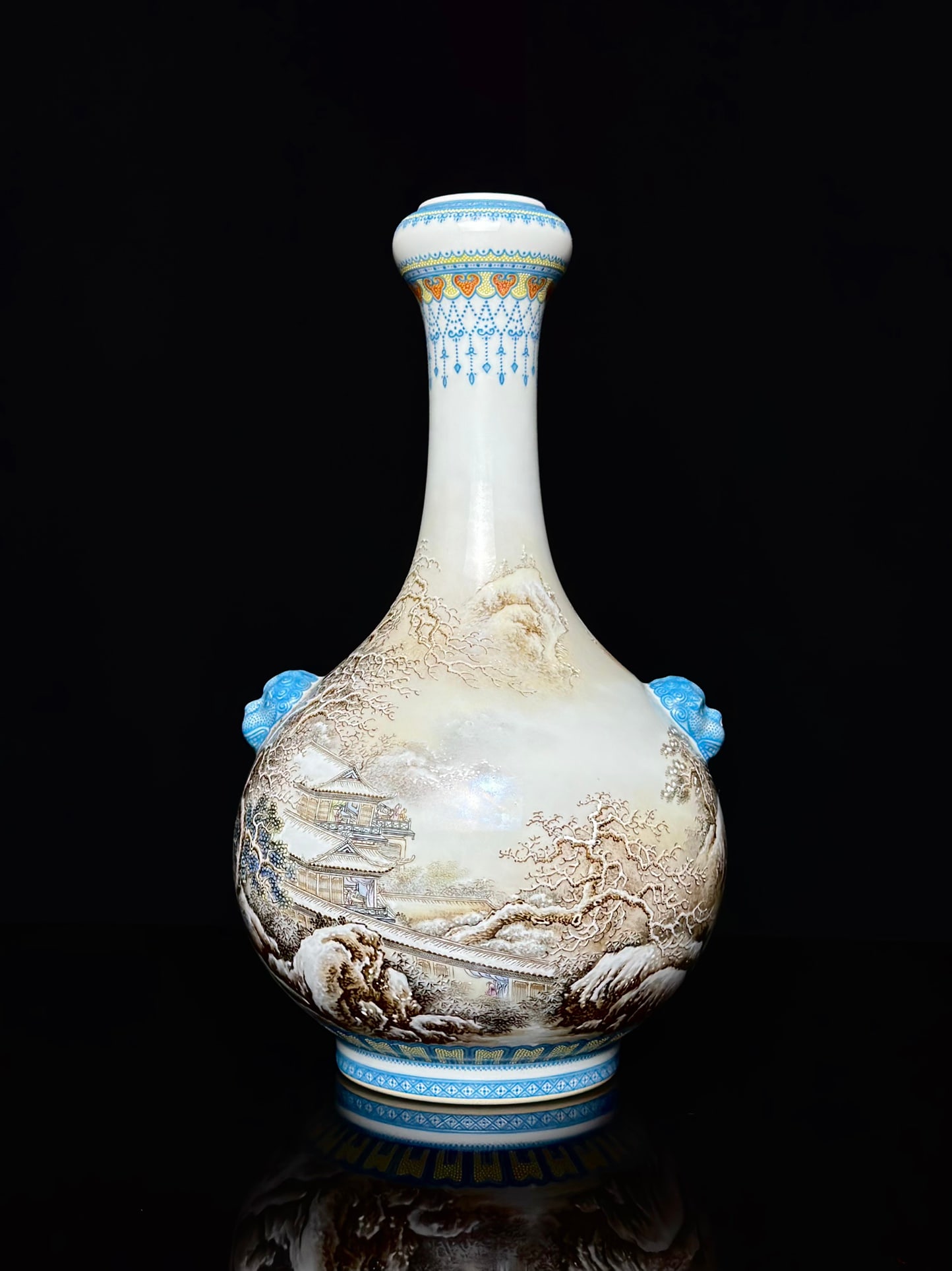 An Exquisite Ink Color Landscape Pattern Double-Ears Vase: An Exquisite Ink Color Landscape Pattern Double-Ears Vase Qing Dynasty, China Yongzheng Six-character Mark Size:29.2cmx16cm (The Dimensions Of All Batches Are Manually Measured.If You Need More Detail