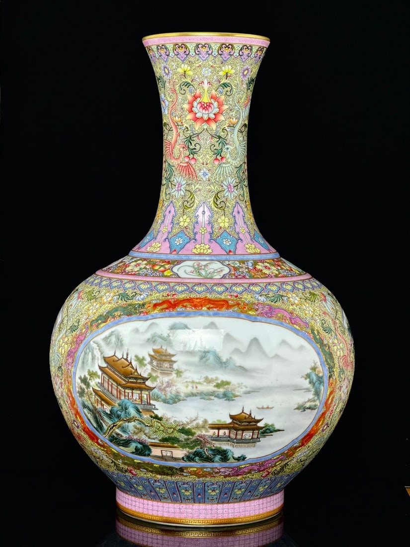 An Exquisite Famille-Rose Painted Gold Dragon and Phoenix Pattern Lotus Pattern Landscape and Figure: An Exquisite Famille-Rose Painted Gold Dragon and Phoenix Pattern Lotus Pattern Landscape and Figure Pattern Vase Qing Dynasty, China Qianlong Four-character Mark Size:60cmx38cm (The Dimensions Of