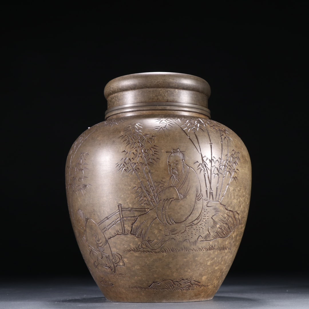 An Exquisite Tin Character and Story Pattern with poem Tea Caddy: An Exquisite Tin Character and Story Pattern with poem Tea Caddy Qing Dynasty, China Size:13.5cmx17cm Weight:870g (The Dimensions Of All Batches Are Manually Measured.If You Need More Detailed Informa