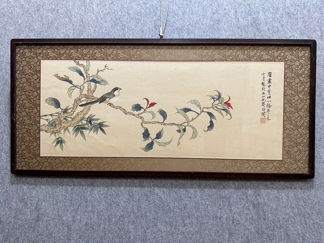A Chinese Ink Painting of Flower and Bird on Paper With Frame: A Chinese Ink Painting of Flower and Bird on Paper With Frame Yu feian Without frame Size:75cmx30cm (The Dimensions Of All Batches Are Manually Measured.If You Need More Detailed Information, Please C