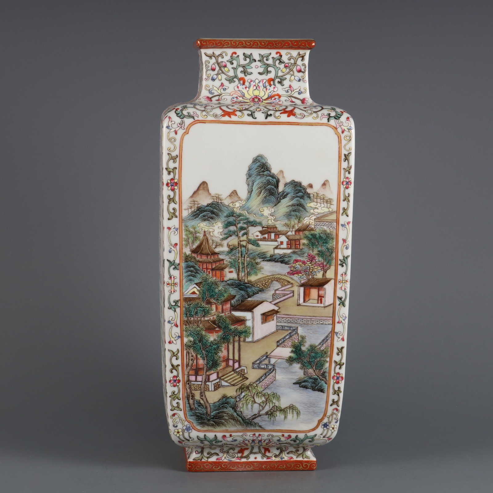 An Exquisite Famille-Rose Lotus Pattern Landscape Pattern with poem Vase: An Exquisite Famille-Rose Lotus Pattern Landscape Pattern with poem Vase Qing Dynasty, China Qianlong Six-character Mark Size:31cmx13.2cm (The Dimensions Of All Batches Are Manually Measured.If You Ne