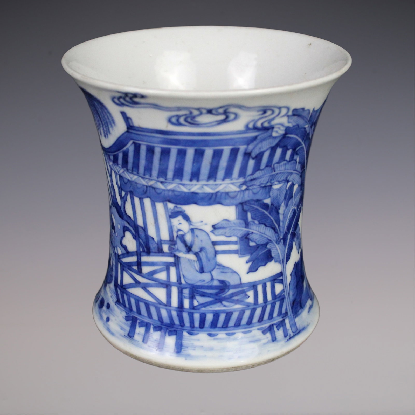 An Exquisite Blue and White Character and Story Pattern Brush Pot: An Exquisite Blue and White Character and Story Pattern Brush Pot Qing Dynasty, China Kangxi Six-character Mark Size:13.8cmx11.7cm (The Dimensions Of All Batches Are Manually Measured.If You Need More