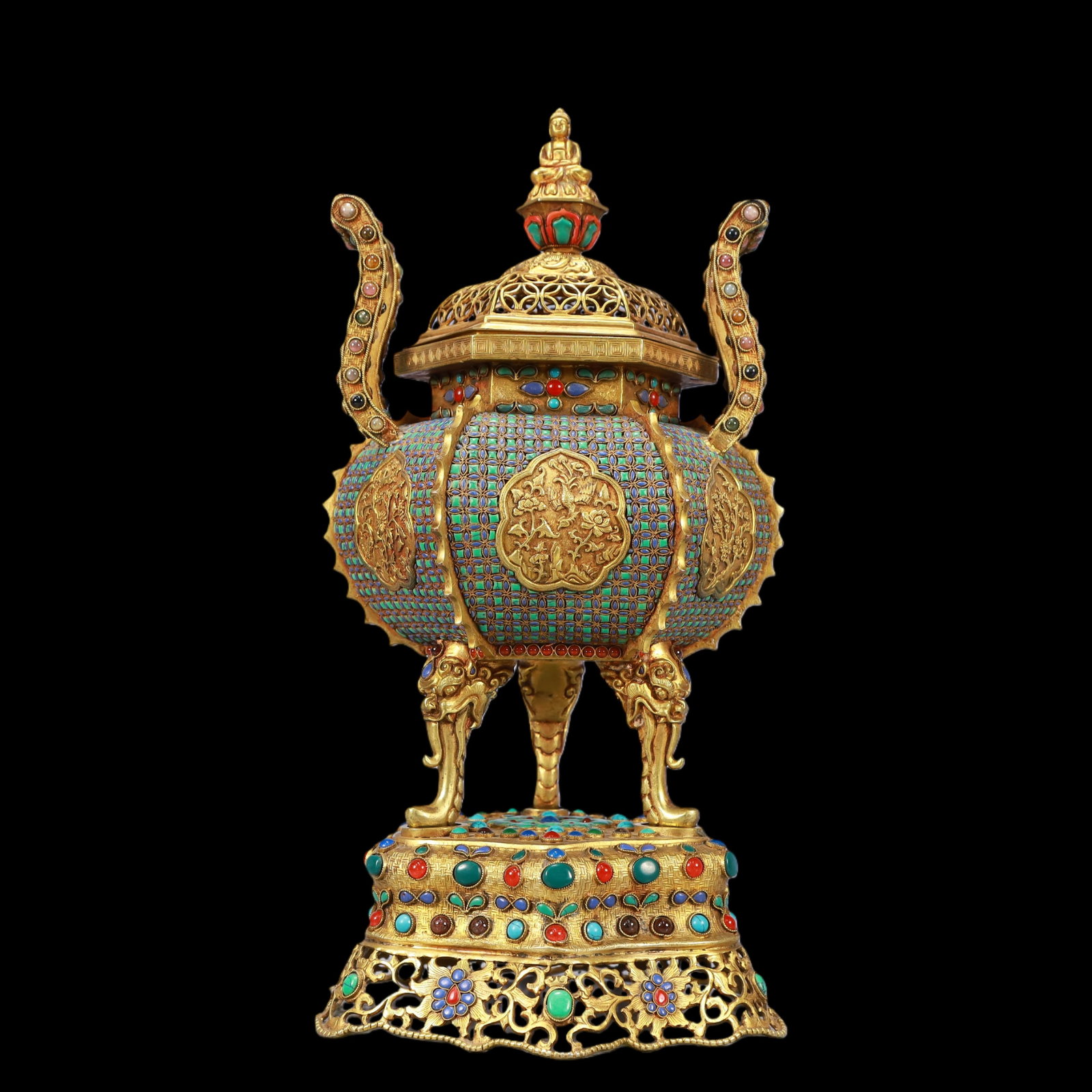 A Exquisite Gilt Bronze Inlaid Gems Flower and Bird Pattern Double-Ears and Tripod Censer: A Exquisite Gilt Bronze Inlaid Gems Flower and Bird Pattern Double-Ears and Tripod Censer Qing Dynasty, China Size:16cmx14.5cmx31cm Weight:2450g (The Dimensions Of All Batches Are Manually Measured.If