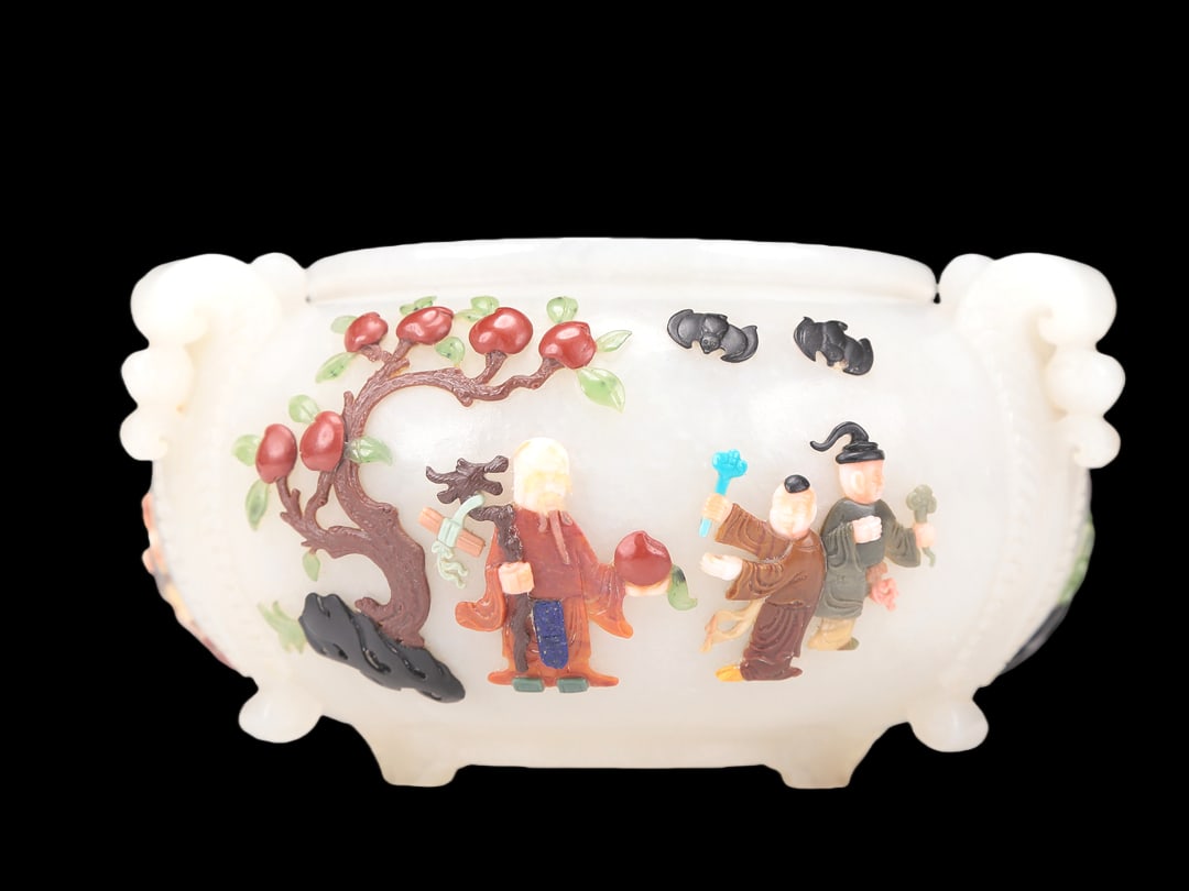 A Fabulous Imperial White Jade Gem-Inlaid 'Figure' Brushwasher: A Fabulous Imperial White Jade Gem-Inlaid 'Figure' Brushwasher. Inlaid in polychrome with peaches, persimmons, robed figures and bats in flight. Chinese Qing Dynasty. Qianlong Four-Character Mark. Siz