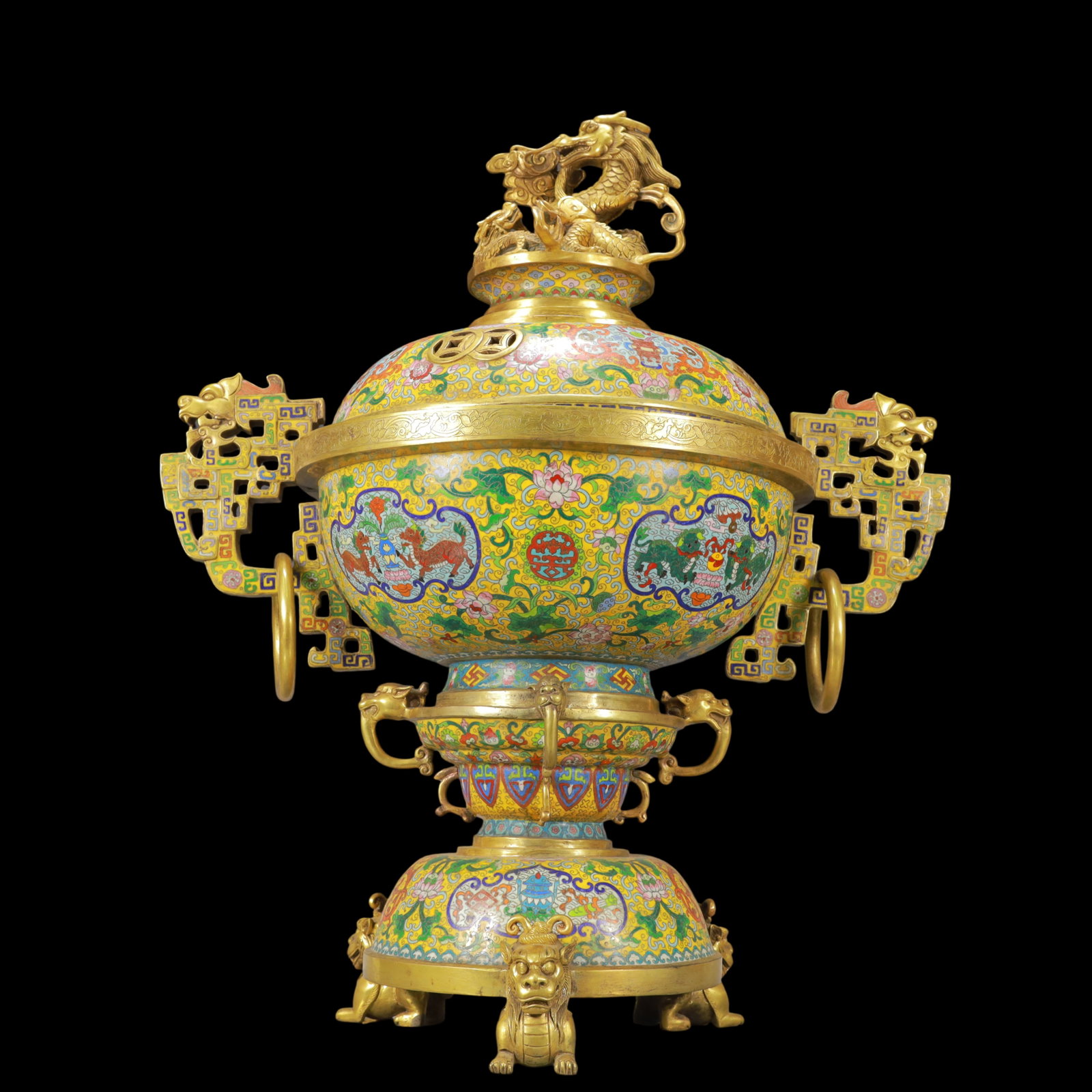 A Exquisite Cloisonne Lotus Pattern Auspicious Beast Pattern Double-Ears and Tripod Censer: A Exquisite Cloisonne Lotus Pattern Auspicious Beast Pattern Double-Ears and Tripod Censer Qing Dynasty, China Qianlong Six-character Mark Size:66.5cmx54cm Weight:28900g (The Dimensions Of All Batches