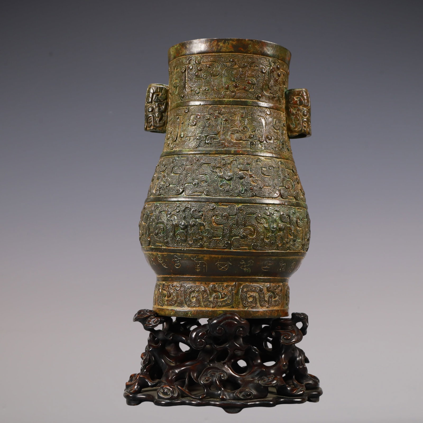 A Exquisite Bronze -With Inscription Double-Ears Vase: A Exquisite Bronze -With Inscription Double-Ears Vase Ancient Time, China Size:15.5cmx11cmx26cm Weight:2400g (The Dimensions Of All Batches Are Manually Measured.If You Need More Detailed
