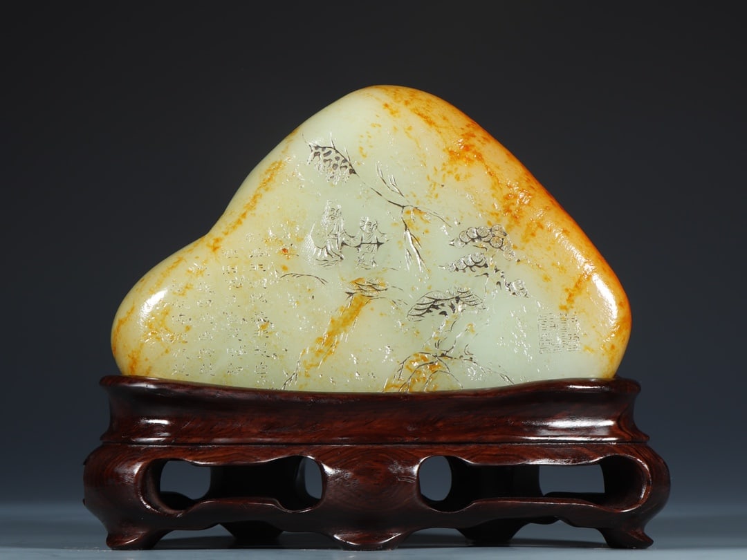 An Exquisite White Jade Landscape and Figure Pattern with poem Rockery Ornament: An Exquisite White Jade Landscape and Figure Pattern with poem Rockery Ornament Qing Dynasty, China Size:15.7cmx6.7cmx11cm Weight:1456g (The Dimensions Of All Batches Are Manually Measured.If You Need