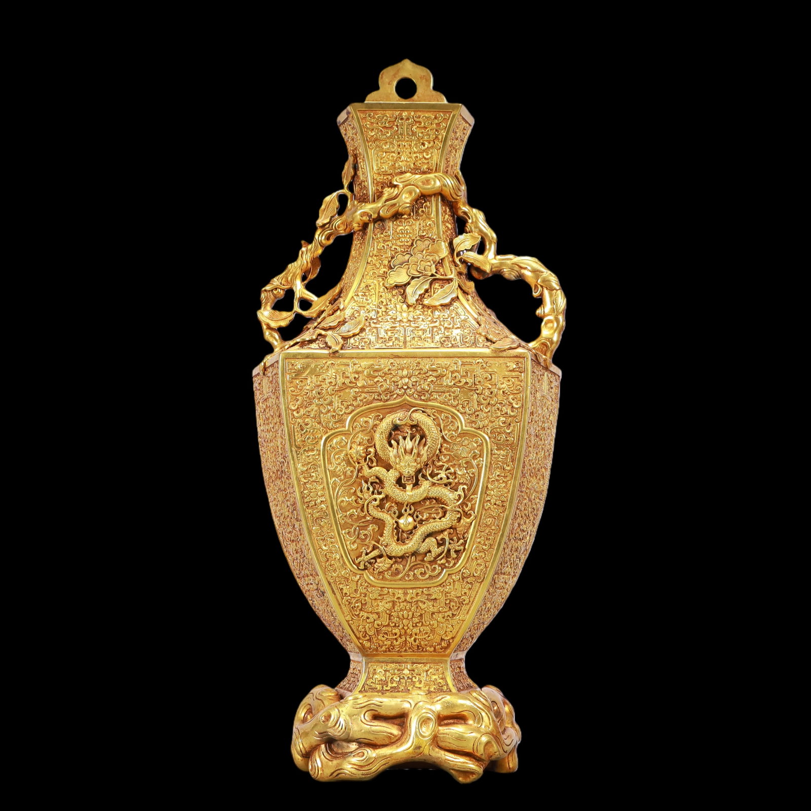 A Exquisite Gilt Bronze Lotus Pattern Dragon Pattern Double-Ears Vase (1 of 7)