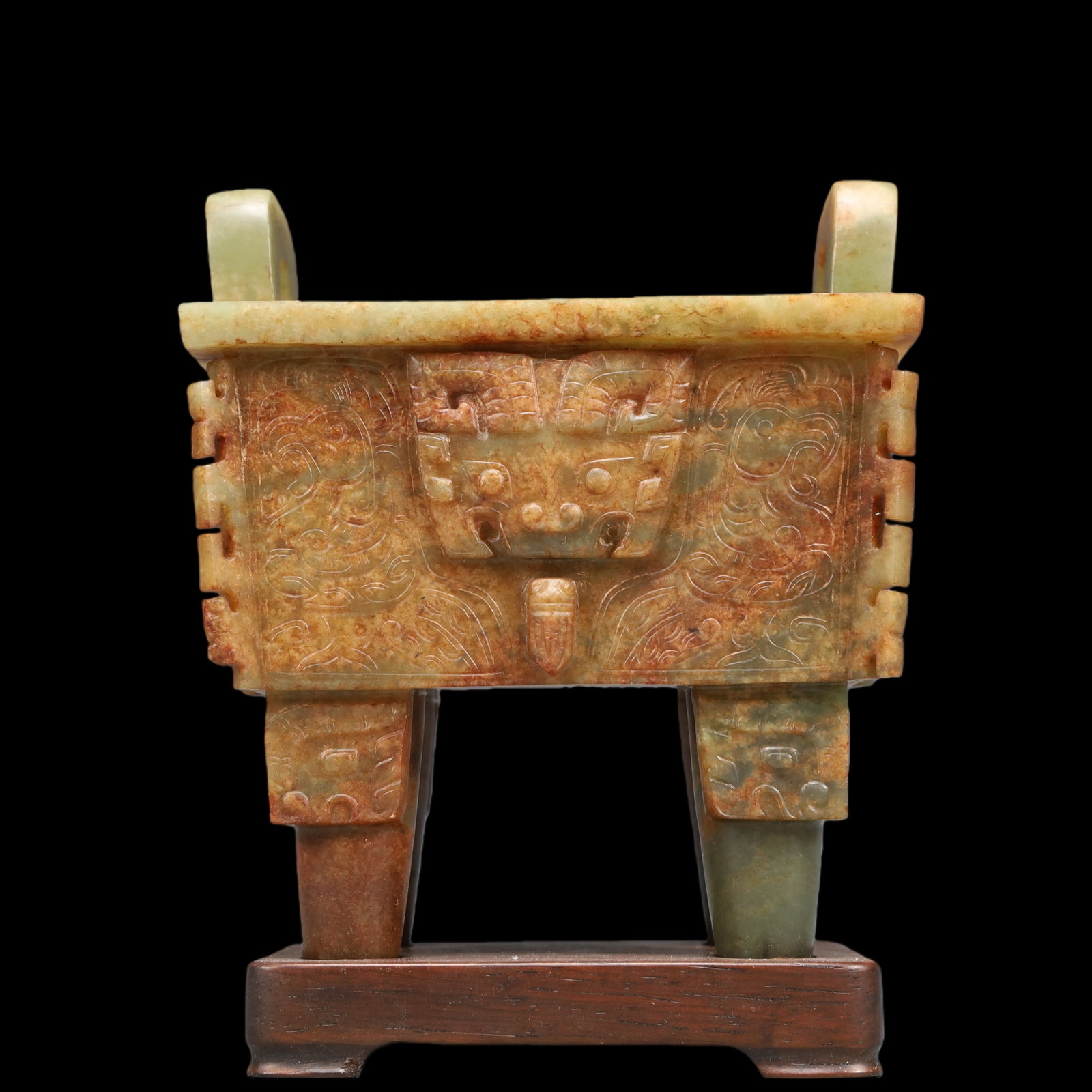 A Exquisite Archaic Jade Beast-Face Pattern Double-Ears Censer: A Exquisite Archaic Jade Beast-Face Pattern Double-Ears Censer Han Dynasty, China Size:12.5cmx9cmx15.5cm Weight:1100g (The Dimensions Of All Batches Are Manually Measured.If You Need More Detailed Inf