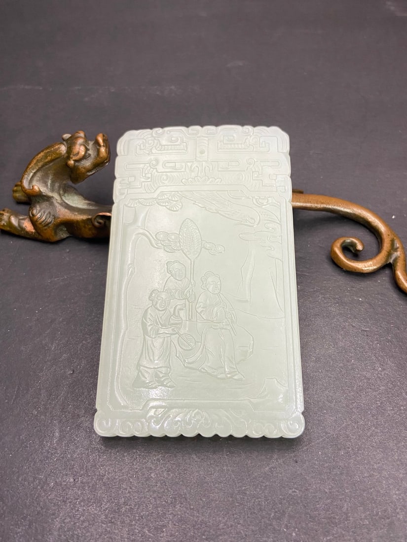 An Exquisite White Jade Character and Story Pattern with poem Brand: An Exquisite White Jade Character and Story Pattern with poem Brand Qing Dynasty, China Size:9.1cmx5.3cmx0.78cm Weight:100g (The Dimensions Of All Batches Are Manually Measured.If You Need More Detail