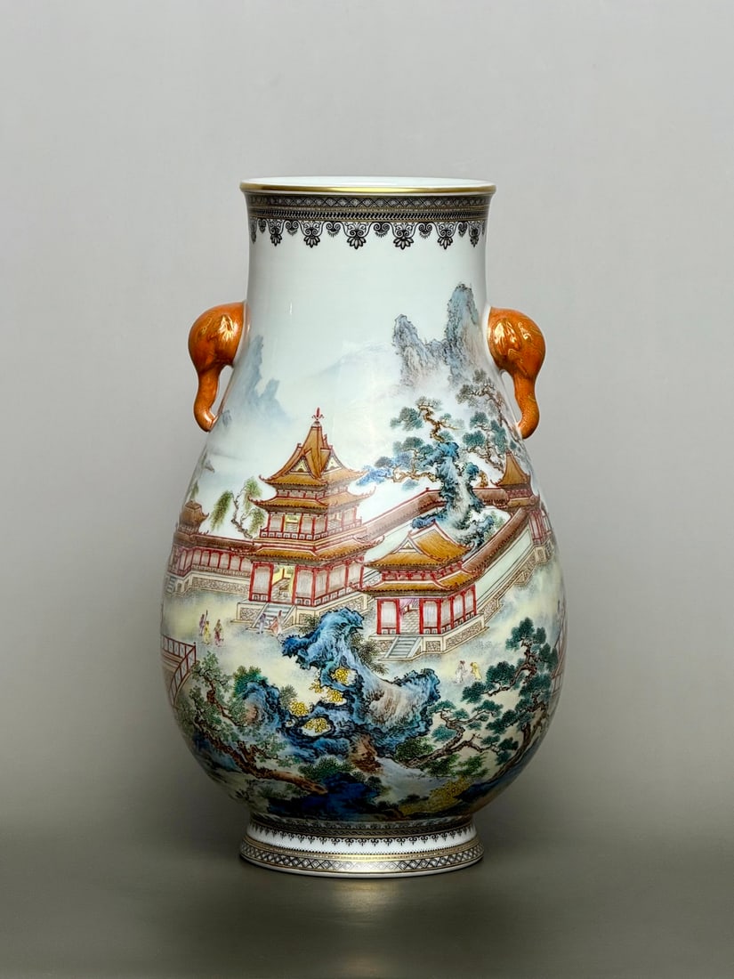 An Exquisite Ink Color Painted Gold Landscape and Figure Pattern with poem Double-Ears Vase: An Exquisite Ink Color Painted Gold Landscape and Figure Pattern with poem Double-Ears Vase Qing Dynasty, China Qianlong Six-character Mark Size:28.6cmx17.3cm (The Dimensions Of All Batches Are Manual