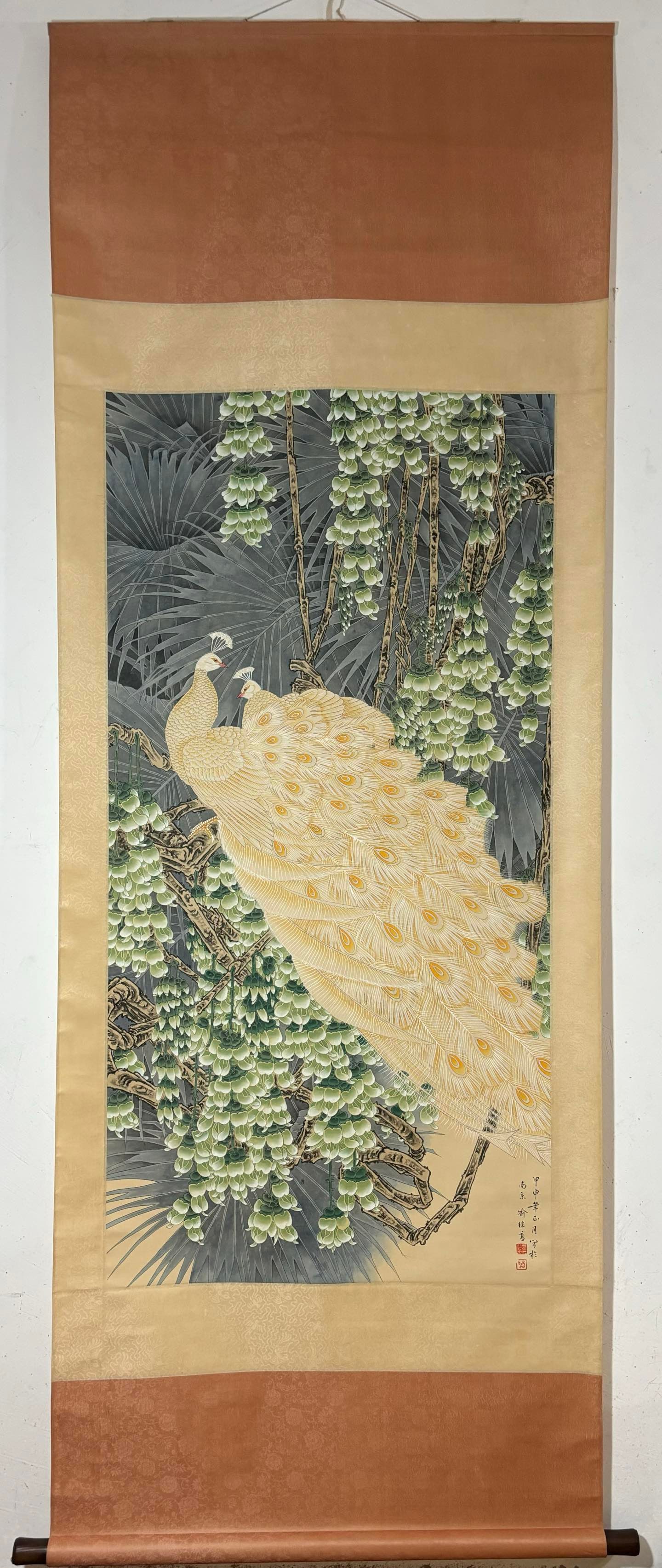 A Chinese Vertical Scroll Ink Painting of Flower and Bird on Paper: A Chinese Vertical Scroll Ink Painting of Flower and Bird on Paper Yu jigao Without frame Size:130cmx65.5cm (The Dimensions Of All Batches Are Manually Measured.If You Need More Detailed Information, 