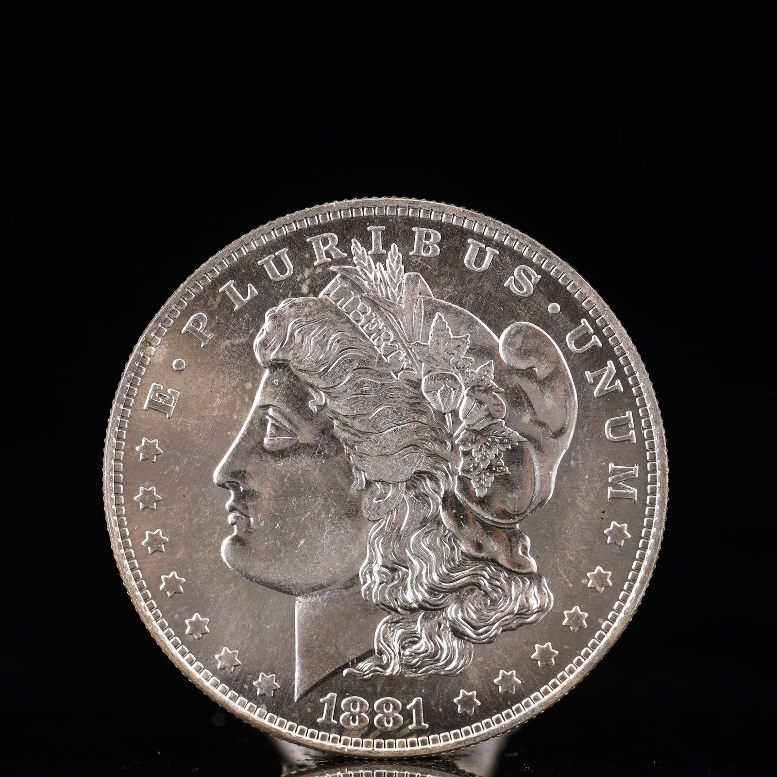 USA Morgan Dollar 1881 Coin: Obv: profile bust with date below and E PLURIBUS UNUM legend and stars around. Rev: eagle with In God we trust above within wreath with UNITED STATES OF AMERICA ONE DOLLAR legend. IN GOD WE TRUST / LI