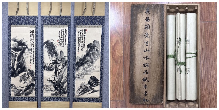 A Chinese Vertical Scroll Ink Painting of Landscape on Paper: A Chinese Vertical Scroll Ink Painting of Landscape on PaperWu changshuo Without frame Size:34cmx100cmx3 (The Dimensions Of All Batches Are Manually Measured.If You Need More Detailed Information, Ple