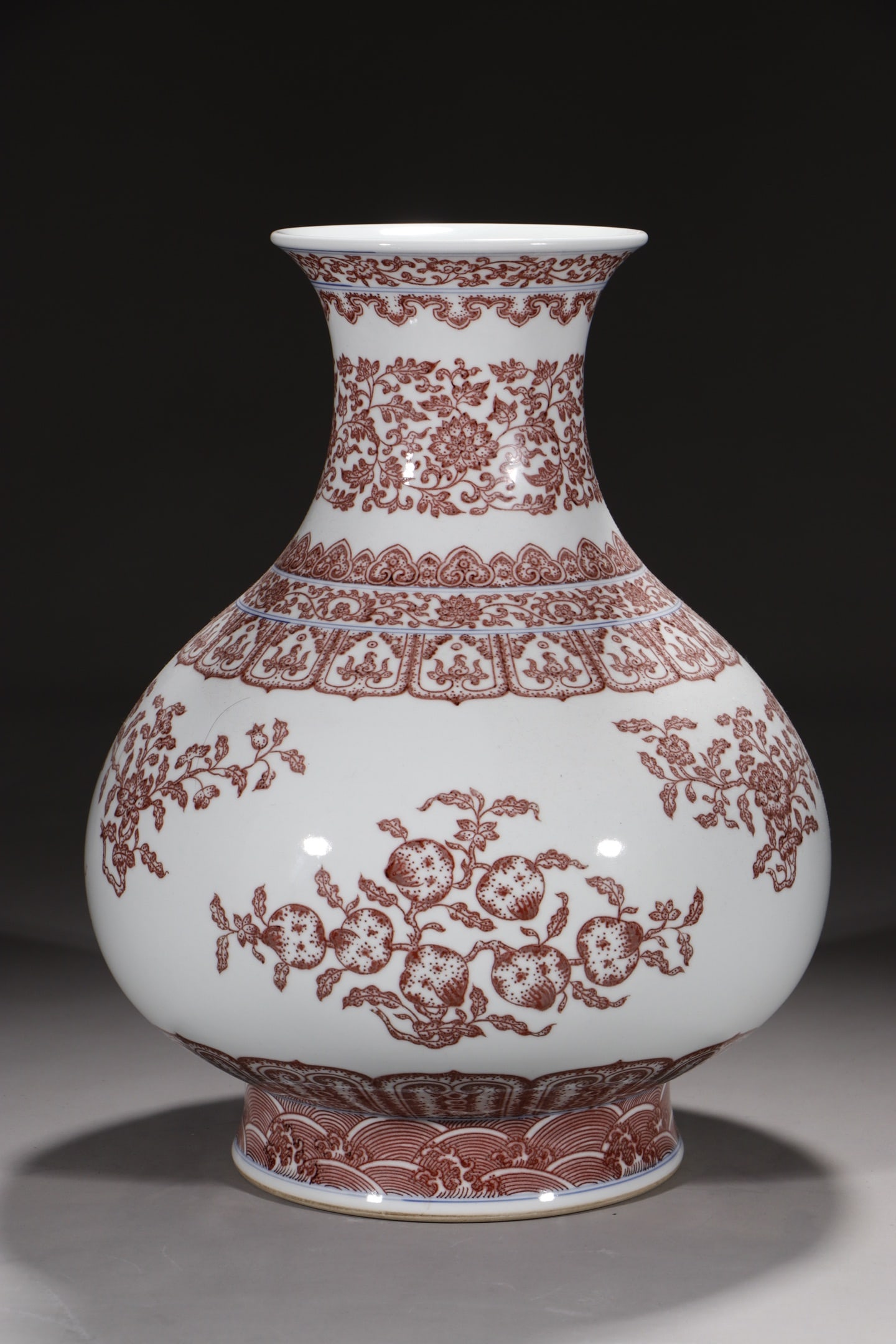 An Exquisite Underglaze-Red Lotus Pattern Flower and Fruit Pattern Seawater Pattern Vase: An Exquisite Underglaze-Red Lotus Pattern Flower and Fruit Pattern Seawater Pattern Vase Qing Dynasty, China Yongzheng Six-character Mark Size:35.5cm (The Dimensions Of All Batches Are Manually Measur