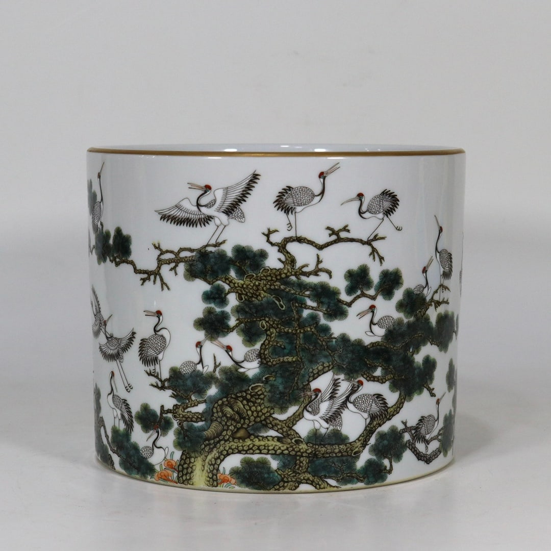 An Exquisite Enamel Pine and Crane Pattern Brush Pot: An Exquisite Enamel Pine and Crane Pattern Brush Pot Qing Dynasty, China Yongzheng Six-character Mark Size:15.8cmx19.3cm (The Dimensions Of All Batches Are Manually Measured.If You Need More Detailed 