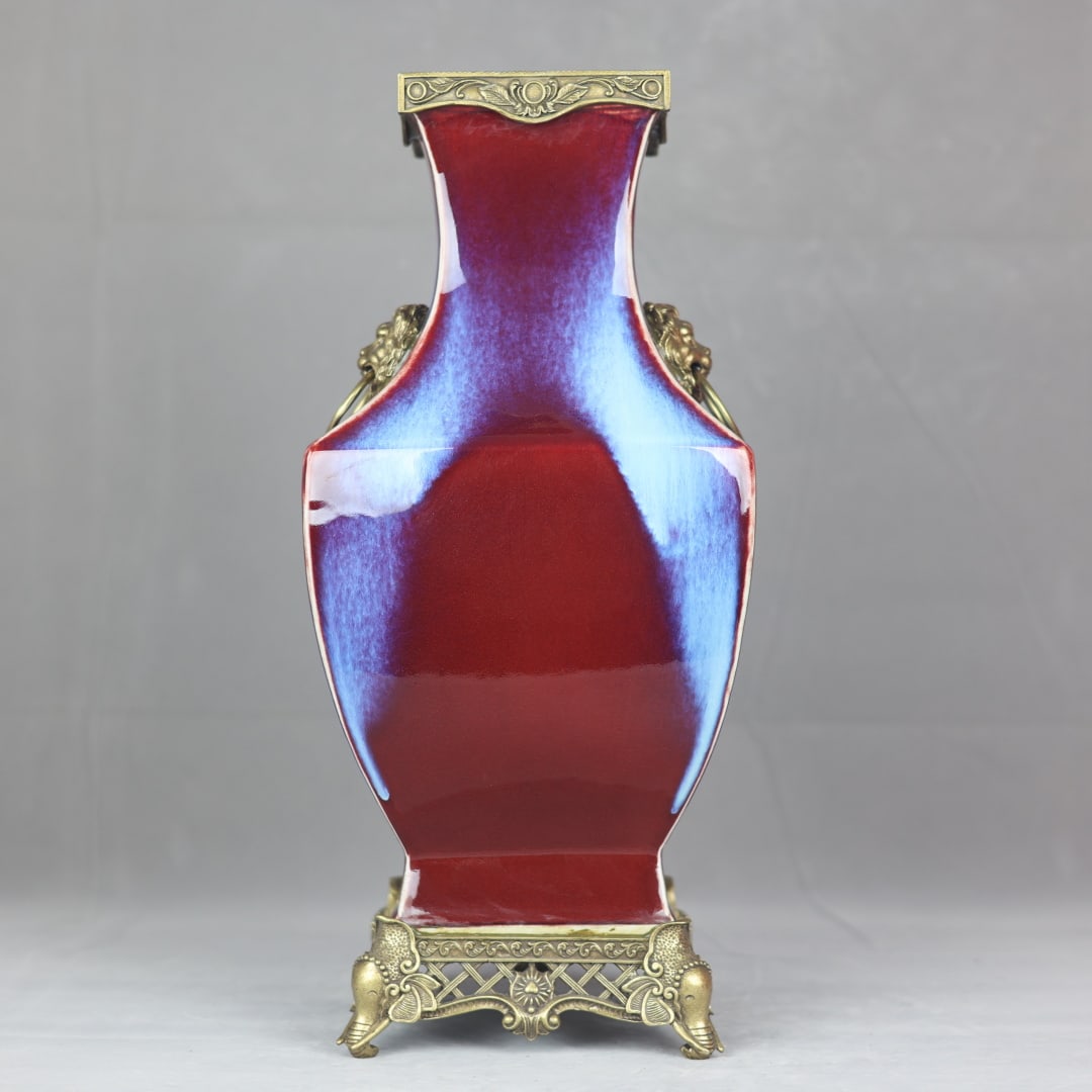 An Exquisite Flambe Glazed Inlaid Bronze Double-Ears Vase: An Exquisite Flambe Glazed Inlaid Bronze Double-Ears Vase Qing Dynasty, China Yongzheng Six-character Mark Size:48cmx22cm (The Dimensions Of All Batches Are Manually Measured.If You Need More Detailed