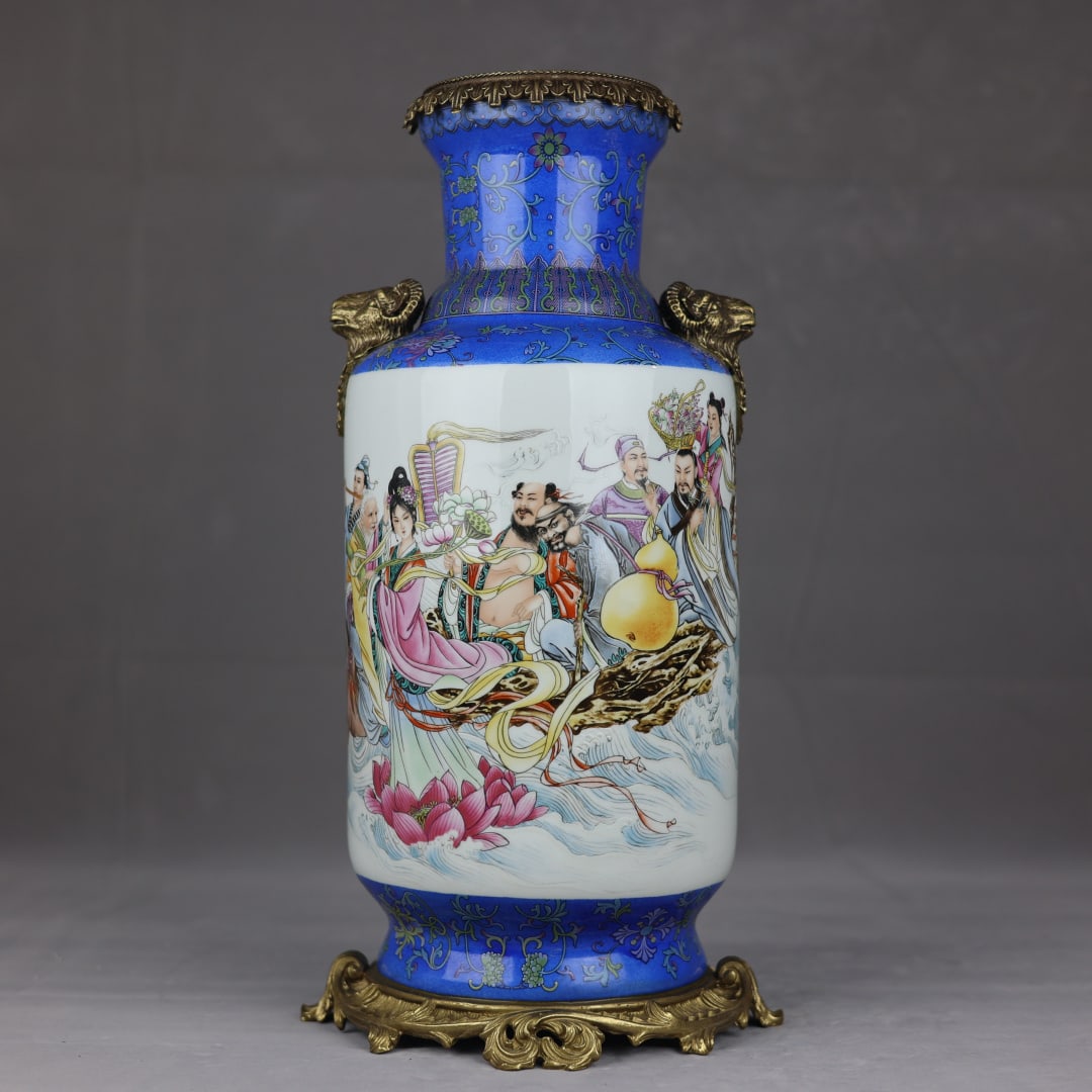 An Exquisite Enamel Inlaid Bronze Character and Story Pattern Lotus Pattern Double-Ears Vase: An Exquisite Enamel Inlaid Bronze Character and Story Pattern Lotus Pattern Double-Ears Vase Qing Dynasty, China Qianlong Four-character Mark Size:44.5cmx18cm (The Dimensions Of All Batches Are Manual