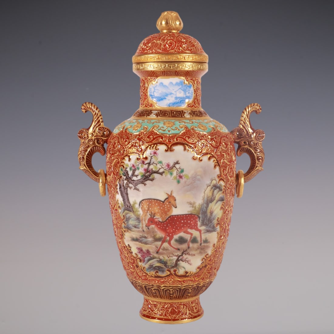 An Exquisite Enamel Iron-Red Painted Gold Lotus Pattern Animal Pattern Double-Ears Jar: An Exquisite Enamel Iron-Red Painted Gold Lotus Pattern Animal Pattern Double-Ears Jar Qing Dynasty, China Qianlong Six-character Mark Size:26cmx11cm (The Dimensions Of All Batches Are Manually Measur