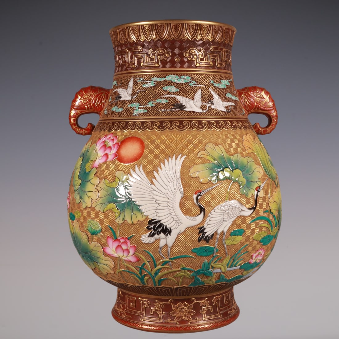 An Exquisite Enamel Flower and Bird Pattern Double-Ears Vase: An Exquisite Enamel Flower and Bird Pattern Double-Ears Vase Qing Dynasty, China Qianlong Six-character Mark Size:29cmx22cm (The Dimensions Of All Batches Are Manually Measured.If You Need More Detail