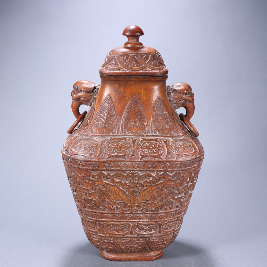 An Exquisite Bamboo Beast-Face Pattern Double-Ears Vase: An Exquisite Bamboo Beast-Face Pattern Double-Ears Vase Qing Dynasty, China Size:29cmx16cm Weight:1290g (The Dimensions Of All Batches Are Manually Measured.If You Need More Detailed Information, Plea