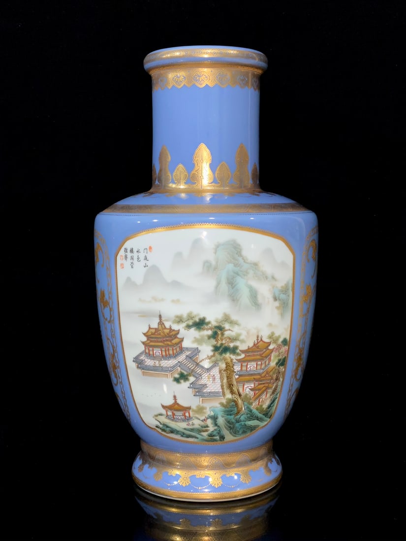 An Exquisite Sky Blue Glazed Painted Gold Landscape Pattern Bats and Peach Pattern with poem Vase: An Exquisite Sky Blue Glazed Painted Gold Landscape Pattern Bats and Peach Pattern with poem Vase Qing Dynasty, China Qianlong Four-character Mark Size:46cmx23.8cm (The Dimensions Of All Batches Are M