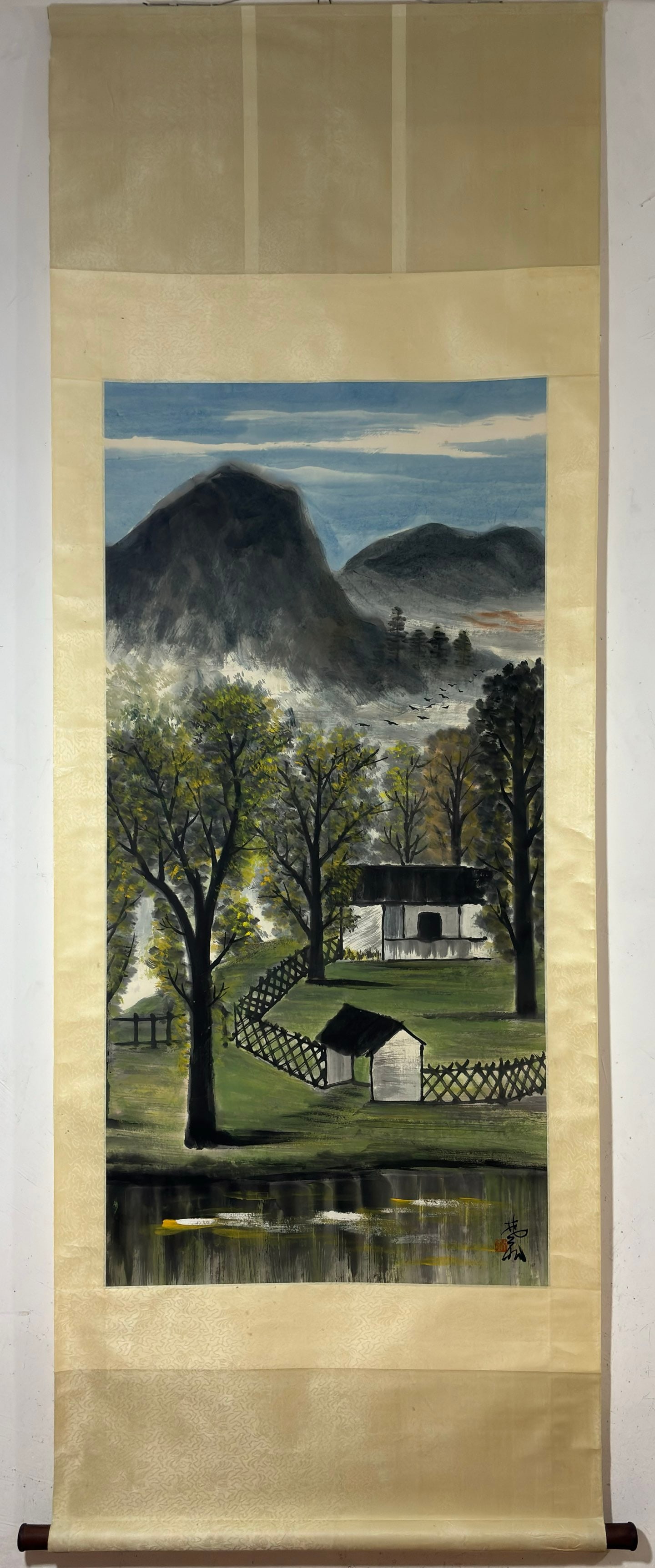 A Chinese Vertical Scroll Ink Painting of Landscape on Paper: A Chinese Vertical Scroll Ink Painting of Landscape on Paper Lin fengmian Without frame Size:135cmx66cm (The Dimensions Of All Batches Are Manually Measured.If You Need More Detailed Information, Plea