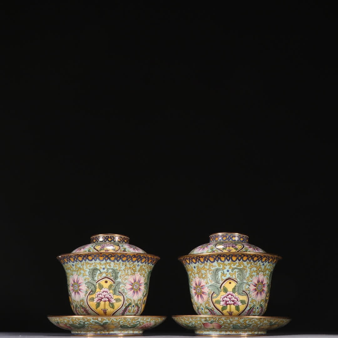 A pair of Qing Dynasty copper tire painting enamel entwined pattern tea bowls (1 of 9)