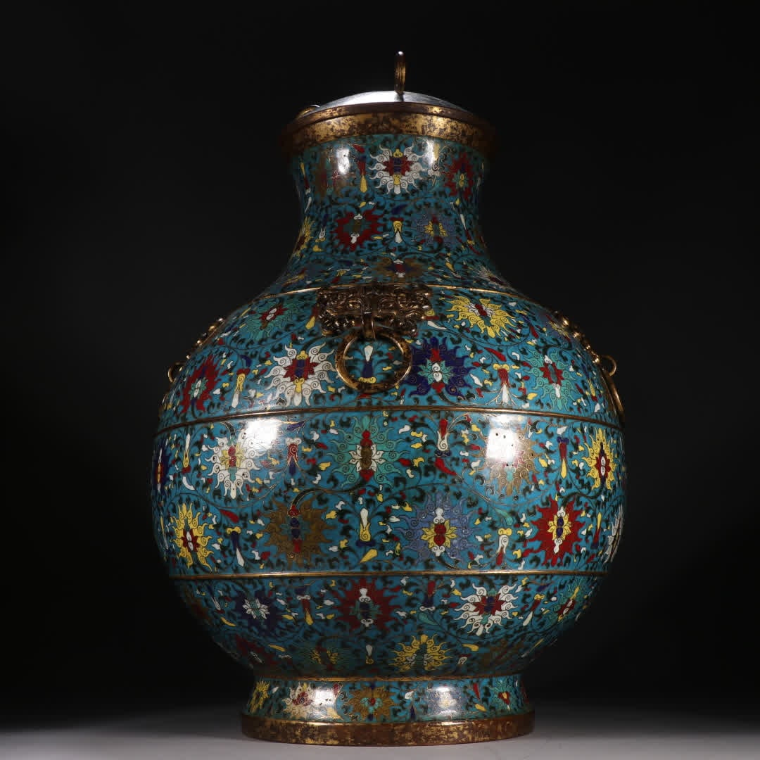 A Ming Dynasty copper gilt cloisonne entwined lotus pattern four-ear ring lid jar: Ming Dynasty copper gilt cloisonne entwined lotus pattern four-ear ring lid jar SIZE: H:50cm W:35cm W:7.5kg (The Dimensions Of All Batches Are Manually Measured.If You Need More Detailed Information, 