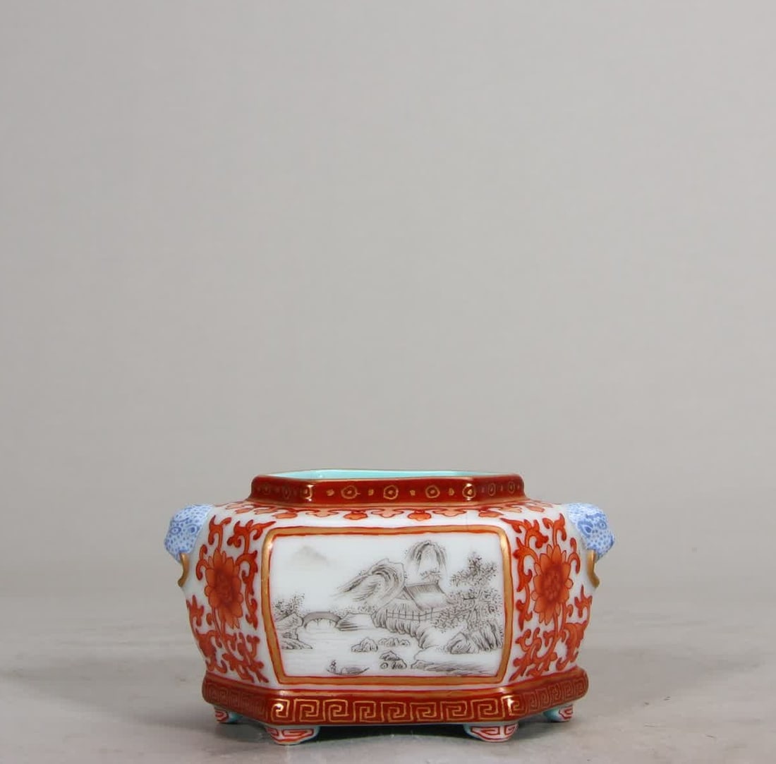 A Qing Dynasty Qianlong alum red window ink color landscape six-square water bowl: Qing Dynasty Qianlong alum red window ink color landscape six-way water bowl SIZE: H:4.7cm L:8.5cm (The Dimensions Of All Batches Are Manually Measured.If You Need More Detailed Information, Please Co