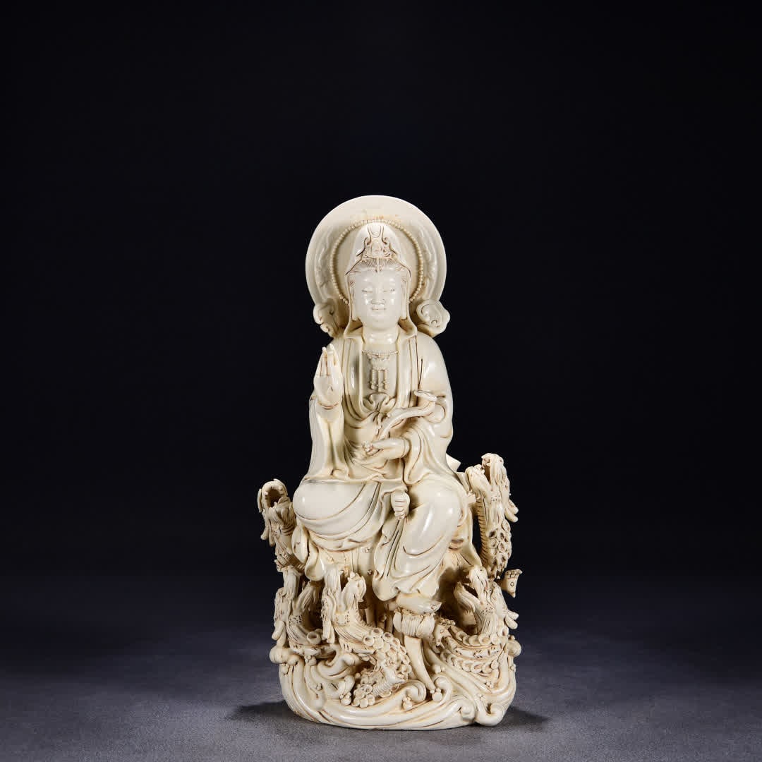 A Ming Dynasty He Chaozong style of Shidehua tooth white glaze five dragons Ruyi Guanyin statue (1 of 9)