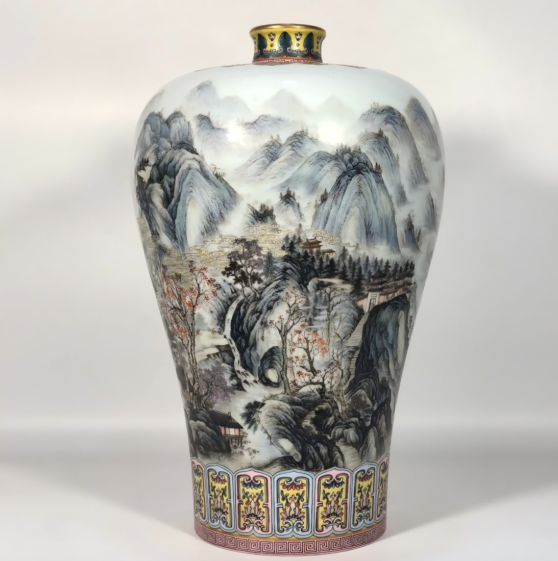 A Qing Dynasty Qianlong enamel color ink color landscape plum bottle: Qing Dynasty Qianlong enamel color ink color landscape plum vase SIZE: H:40cm MouthD:6cm Belly diameter 26cm Foot diameter 15cm (The Dimensions Of All Batches Are Manually Measured.If You Need More
