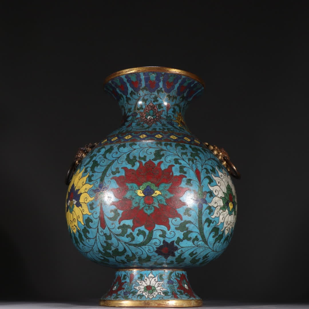 A Ming Dynasty copper gilt cloisonne entwined lotus pattern double lion earring bottle: Ming Dynasty copper gilt cloisonne entwined lotus pattern double lion earring bottle SIZE: H:25cm W:18.6cm W:2026.3g (The Dimensions Of All Batches Are Manually Measured.If You Need More Detailed Info
