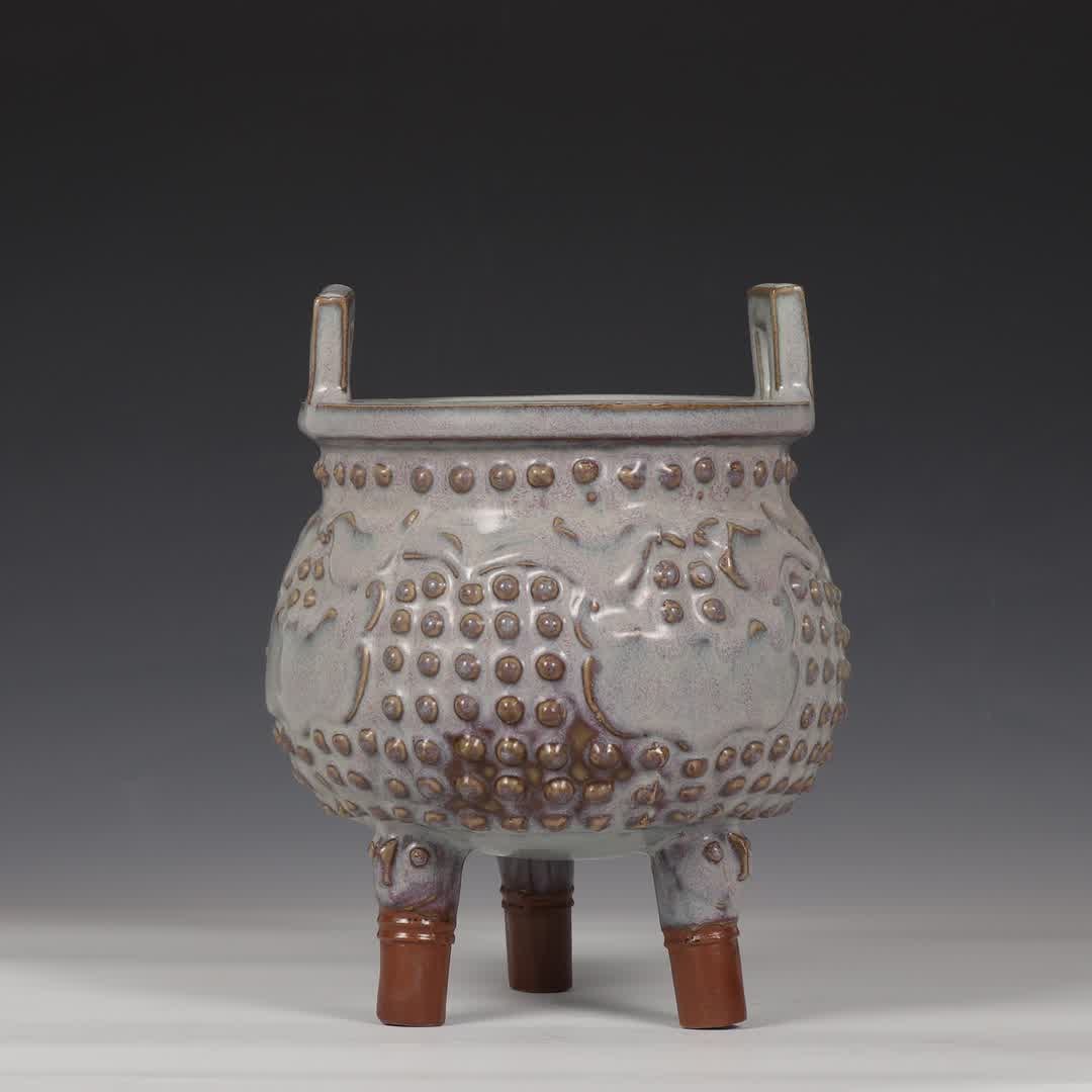 A piece of Song Jun kiln rose purple glaze drum nail cauldron-style furnace: Song Jun kiln rose purple glaze drum nail cauldron-style furnace SIZE: H:23.5cm MouthD:15.5cm (The Dimensions Of All Batches Are Manually Measured.If You Need More Detailed Information, Please Contact