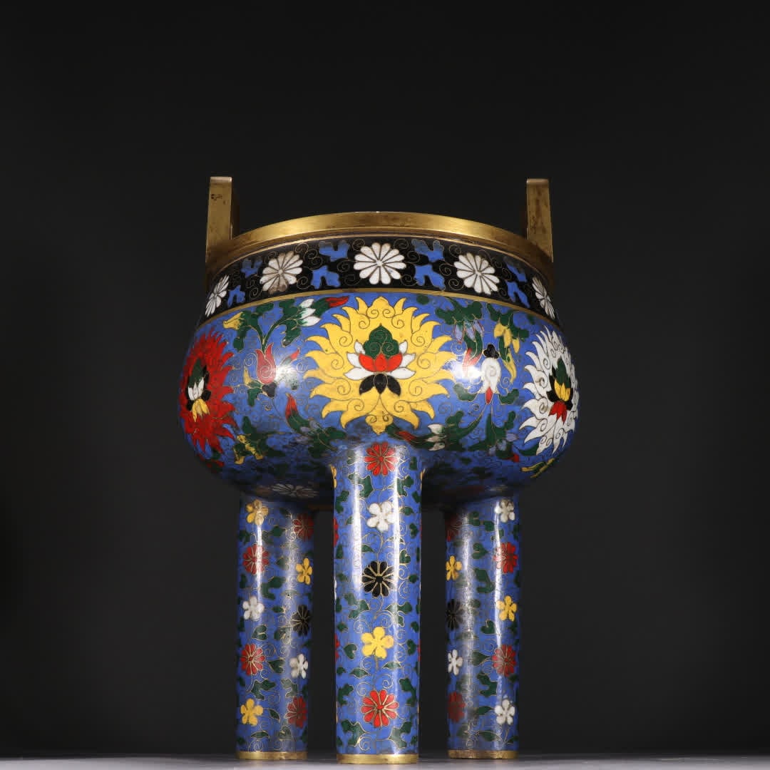 A Ming Dynasty copper gilt cloisonne entwined lotus pattern three-legged incense burner (1 of 9)