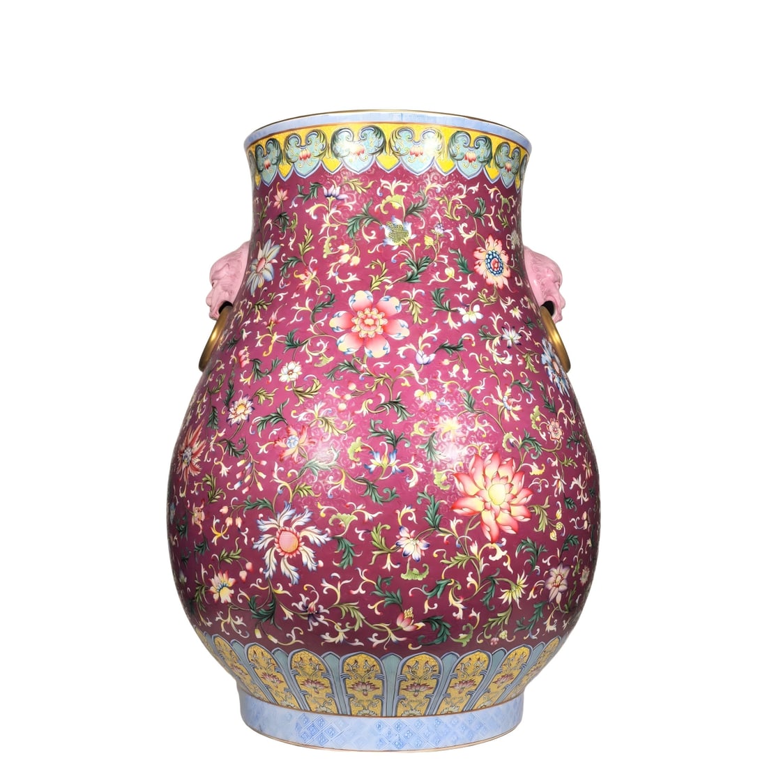 A piece of Qianlong in the Qing Dynasty enamel color carmine red pick flower entwined lotus flower: Qing Dynasty Qianlong enamel color carmine red flower entwined lotus flower lion ear zun SIZE: H: 65cm MouthD: 33cm Belly diameter 48cm Foot diameter 32cm (The Dimensions Of All Batches Are Manually M