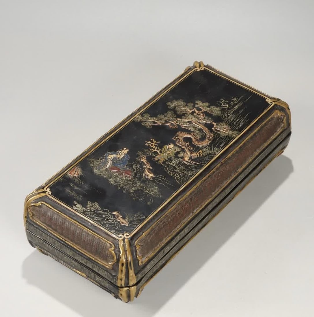 A Qing Dynasty Fudetang bamboo black lacquer painted Panasonic Yaju rectangular lid box (1 of 9)