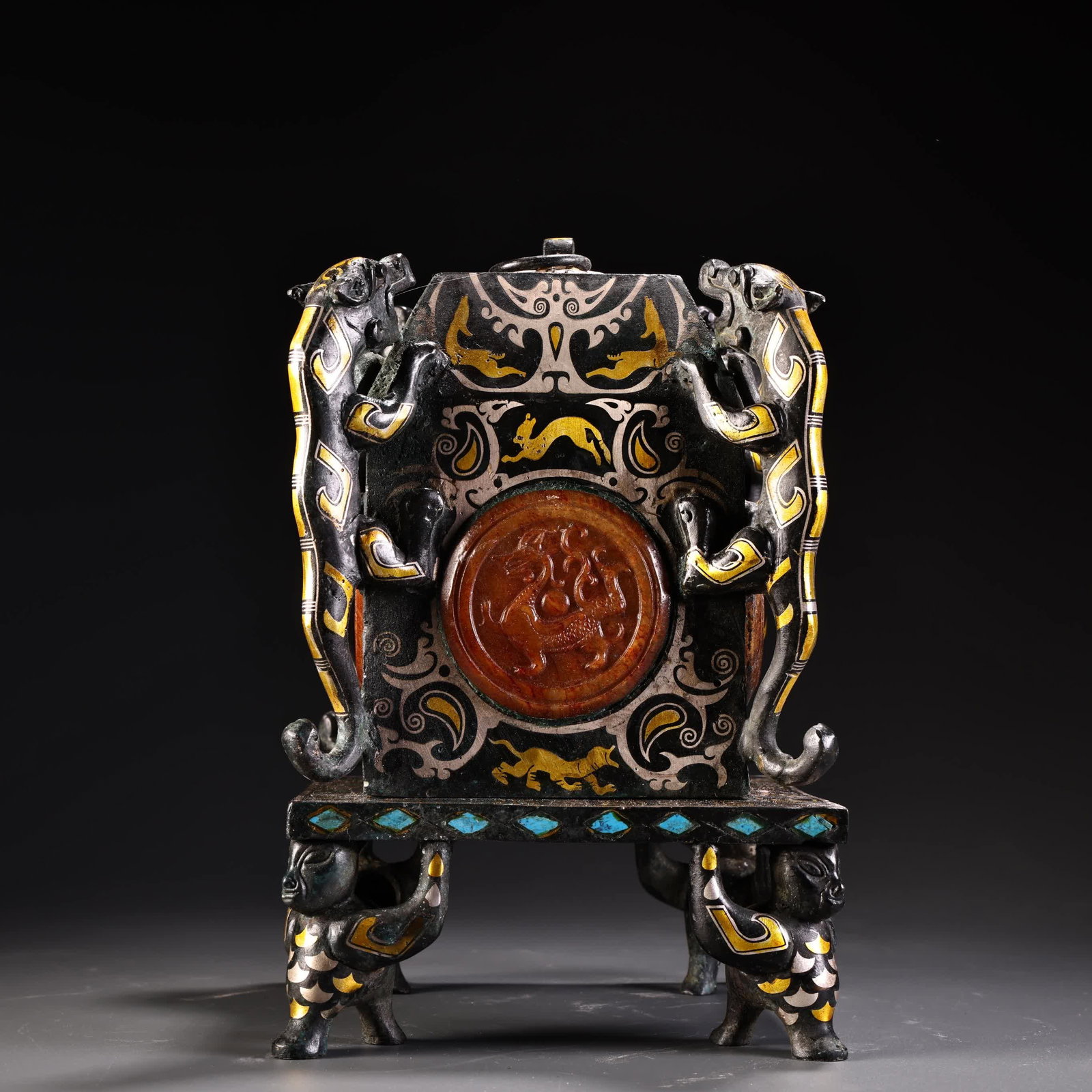 A Qing Dynasty bronze box, gold and silver inlaid gemstones, turquoise square, and four dragon lid: Qing Dynasty bronze Cuo gold and silver inlaid gemstone turquoise square four dragon cover box SIZE: W:2900g H:21cm W:14cm (The Dimensions Of All Batches Are Manually Measured.If You Need More Detaile