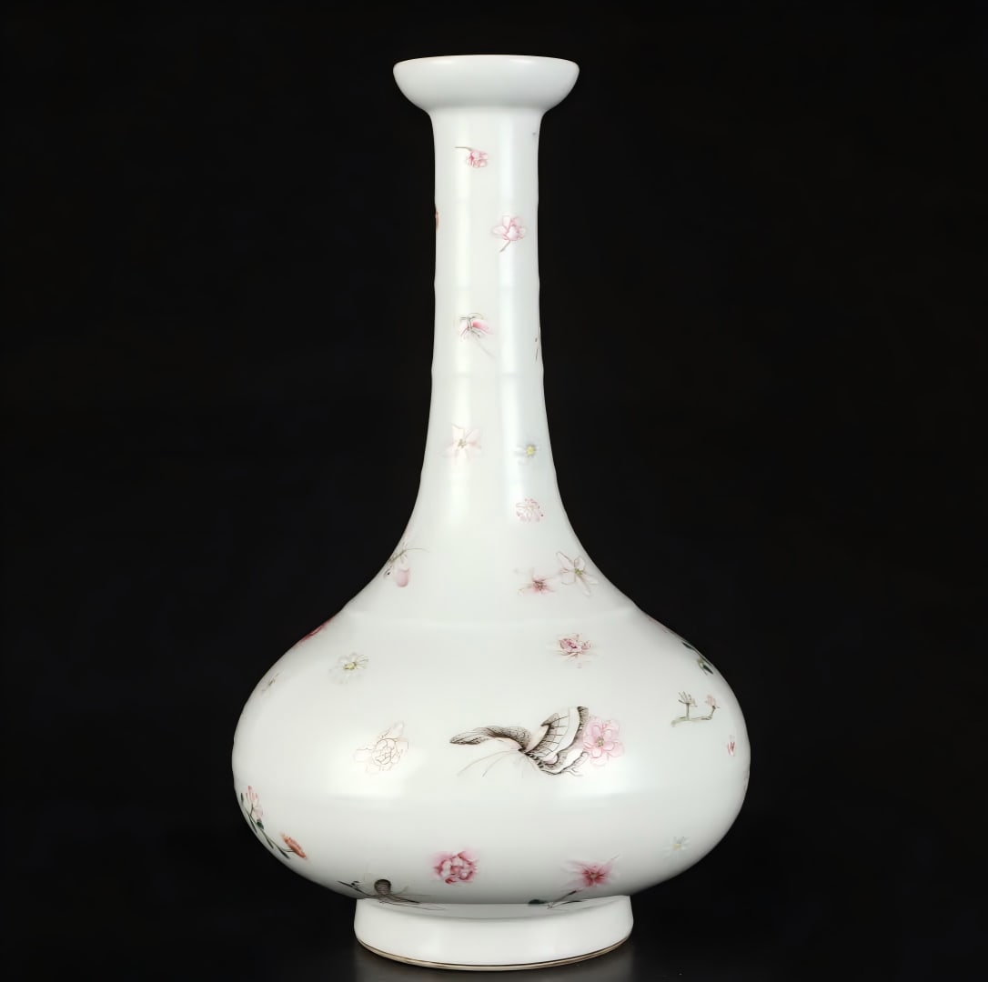A Qing Dynasty duck blue glazed white ground miscellaneous flower gall bottle (1 of 9)