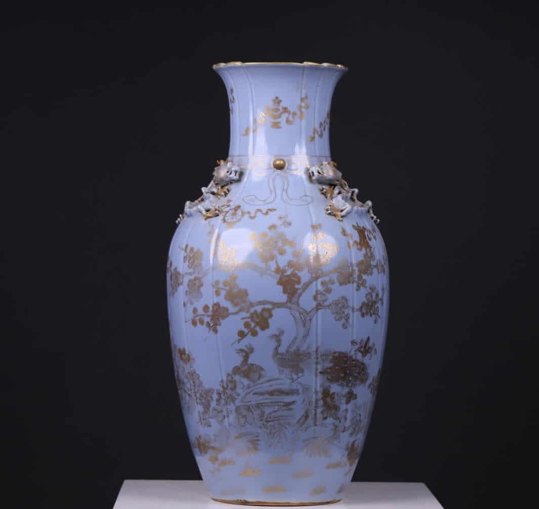 A Qing Dynasty Jiaqing sky blue glaze gilded pile sculpture dragon melon edge large bottle (1 of 12)