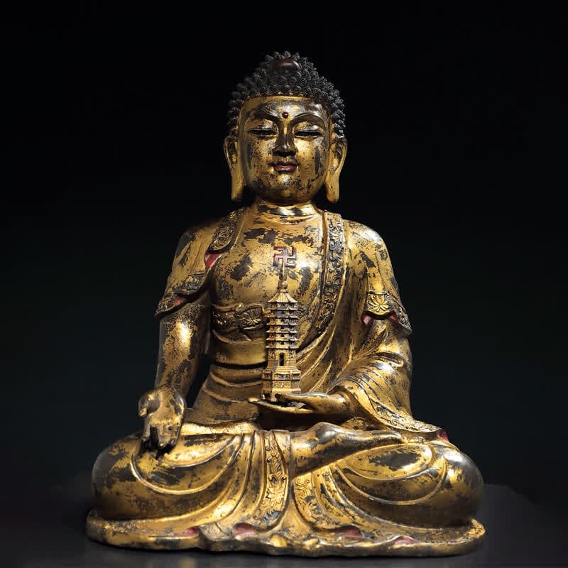 A statue of the Qing Dynasty copper and gilded glazed Medicine Buddha: Qing Dynasty copper and gold glazed Medicine Buddha statue SIZE: H:56cm W:42cm T:28cm W:16.88kg (The Dimensions Of All Batches Are Manually Measured.If You Need More Detailed Information, Please Conta