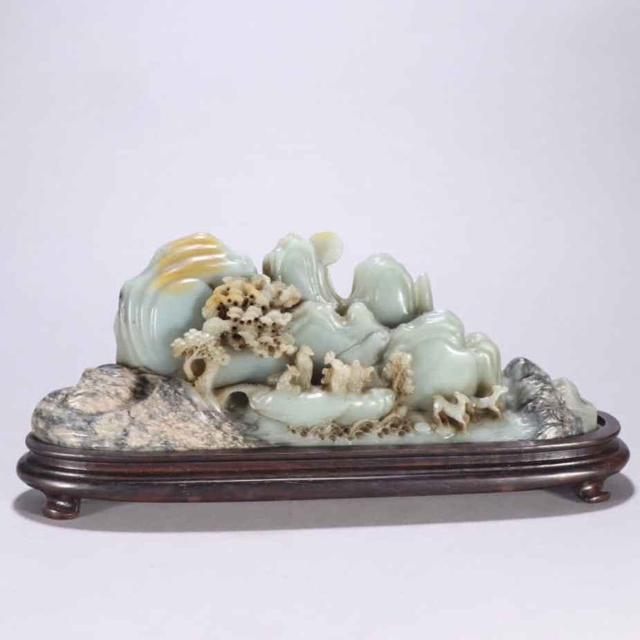 A Qing Dynasty Shoushan stone character story mountain ornament: Qing Dynasty Shoushan stone character story mountain ornament SIZE: H: 7.9cm W: 21.8cm Net W: 600g (The Dimensions Of All Batches Are Manually Measured.If You Need More Detailed Information, Please Co