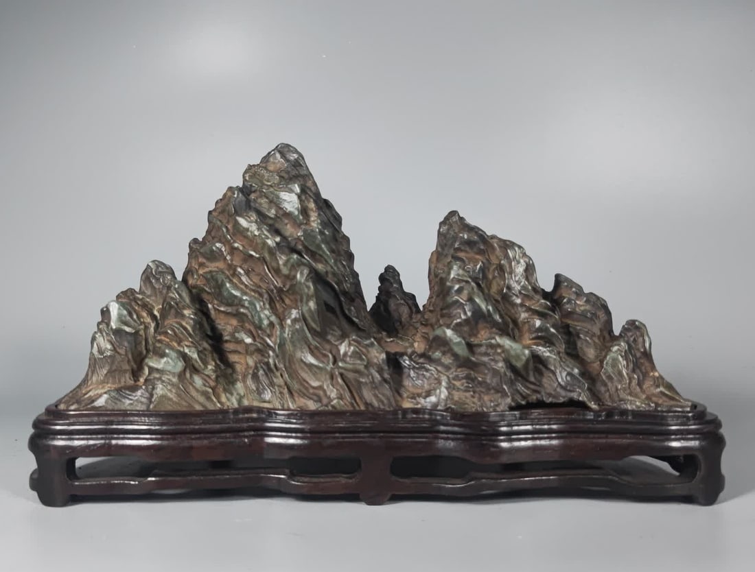 A Qing Dynasty Lingbi stone mountain study ornament: Qing Dynasty Lingbi stone mountain study ornament SIZE: L: 30cm W: 11cm with base H: 16cm 3kg (The Dimensions Of All Batches Are Manually Measured.If You Need More Detailed Information, Please Contact
