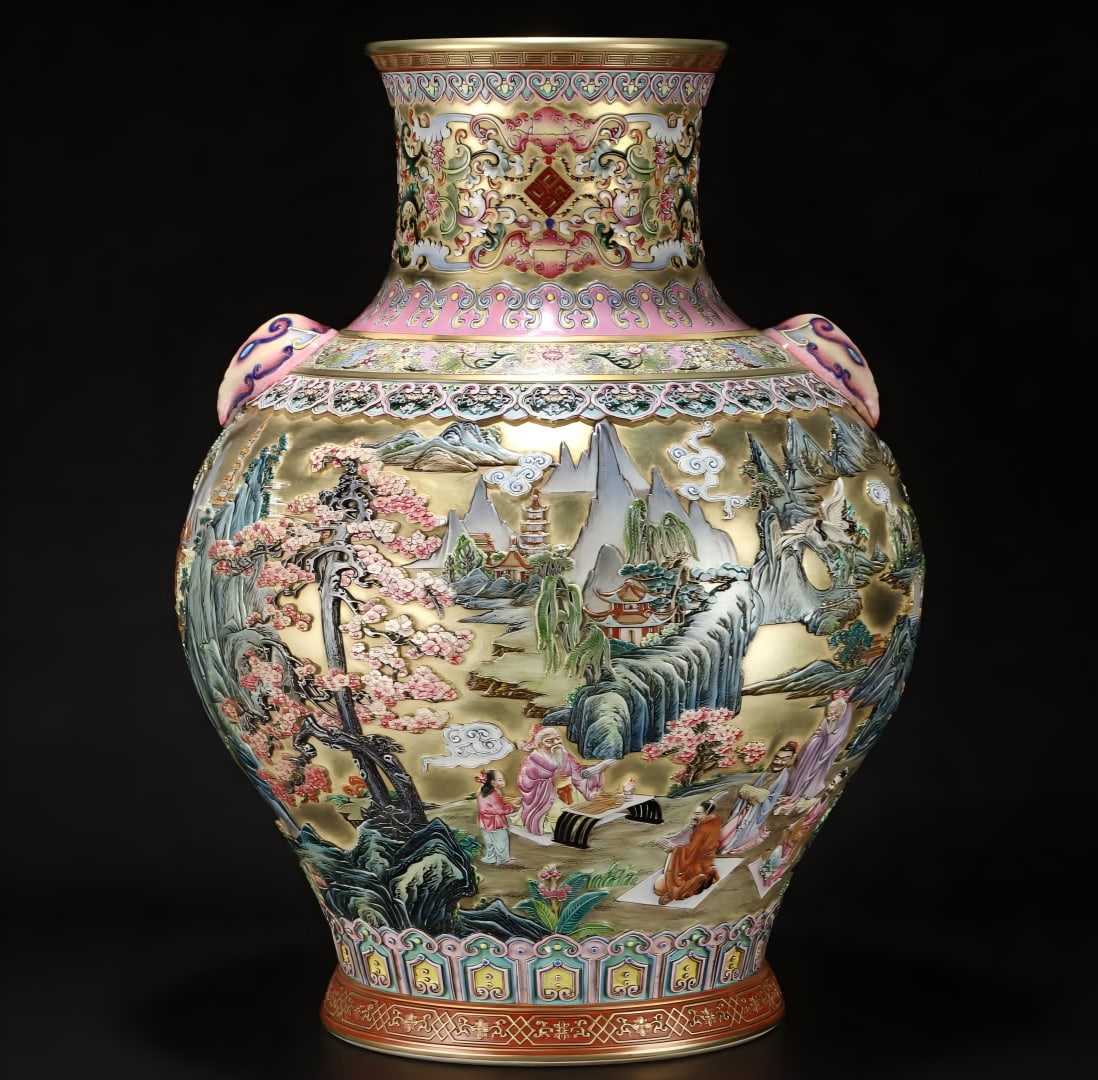 A Qing Dynasty character story gold enamel color appreciation vase: Qing Dynasty character story gold enamel color appreciation bottle SIZE: H: 56cm Belly diameter 38cm (The Dimensions Of All Batches Are Manually Measured.If You Need More Detailed Information, Please 