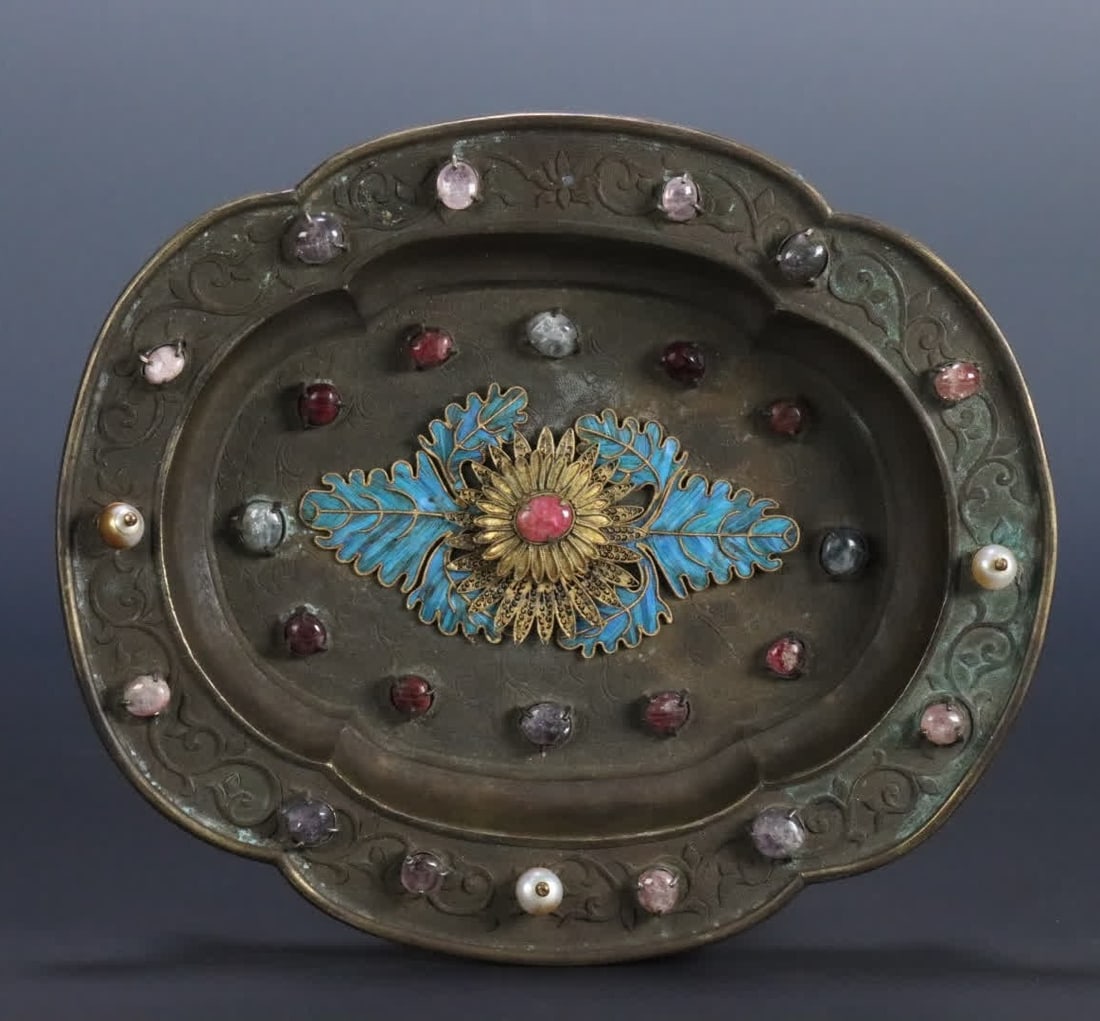 A Qing Dynasty copper inlaid treasure plate (1 of 9)